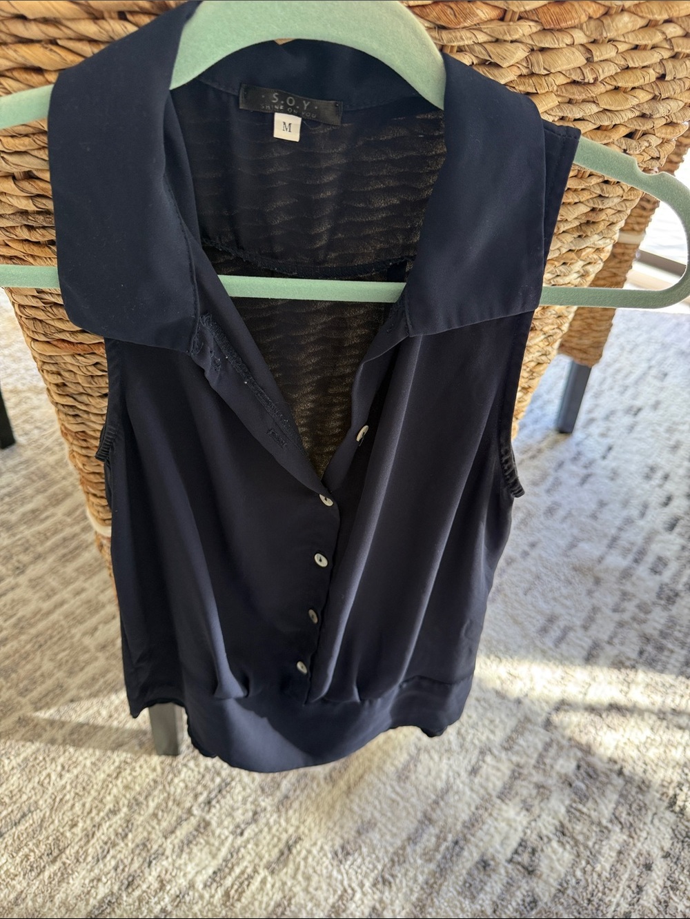Sleeveless Navy Button-Front Blouse by